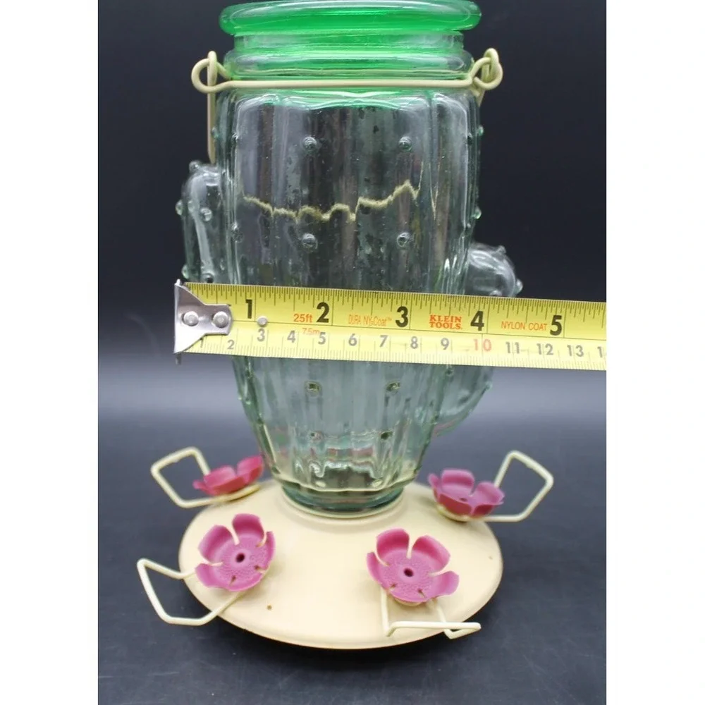 Perky-Pet Cactus Glass Hummingbird Feeder Top Fill Green Jar Pink Flower Ports